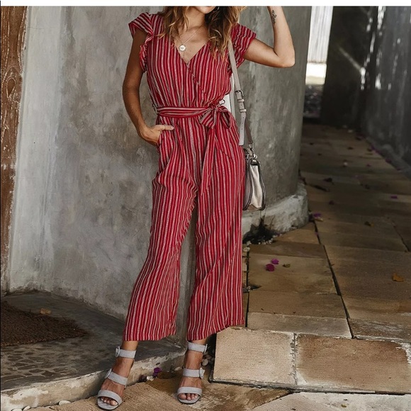 Justine’s Chic Boutique Pants - Striped Ruffle-Sleeve Belted Jumpsuit